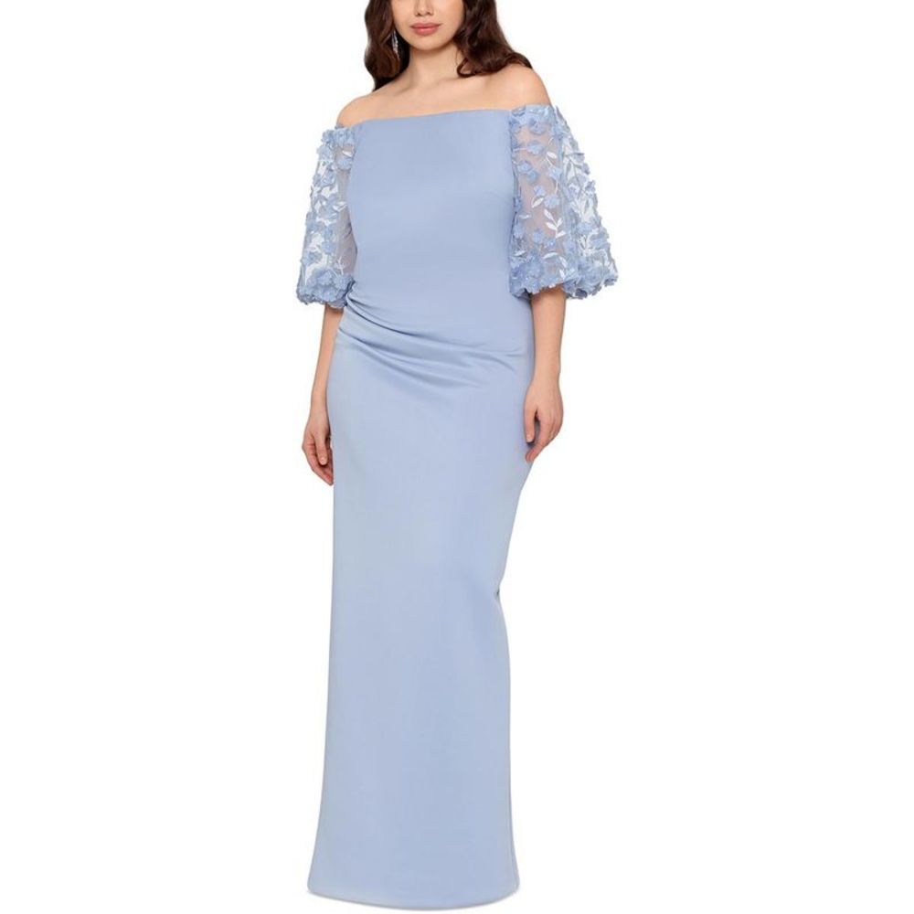 Xscape Womens Blue Knit Off-The-Shoulder Formal Evening Dress Gown Plus NWT
